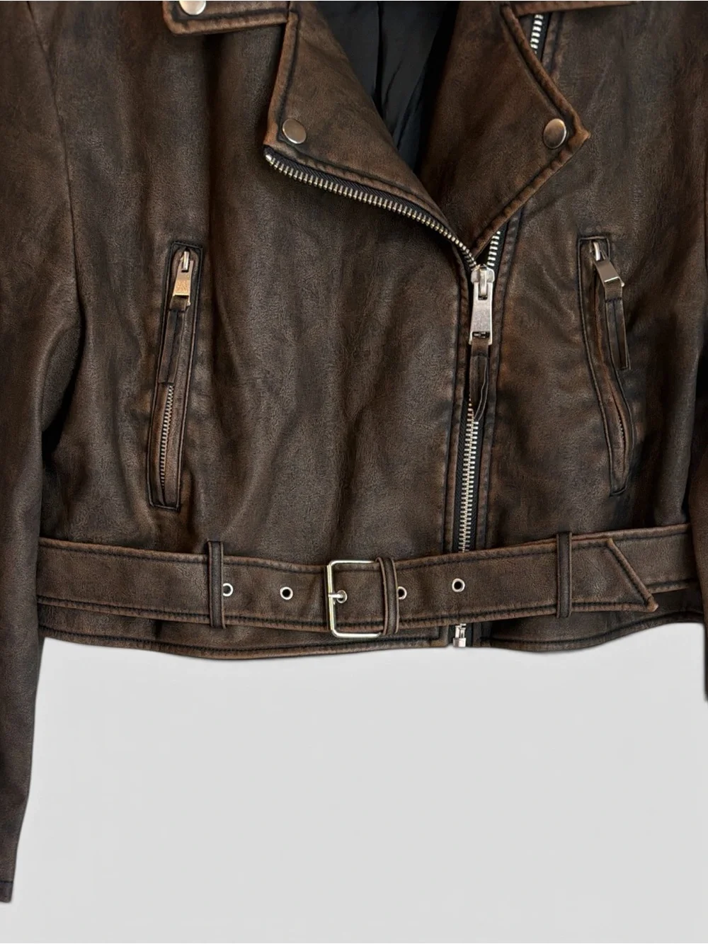 Lily & Lottie Akira Moto Jacket Size Medium Brown Asymmetrical Zip Front NEW - Picture 5 of 13